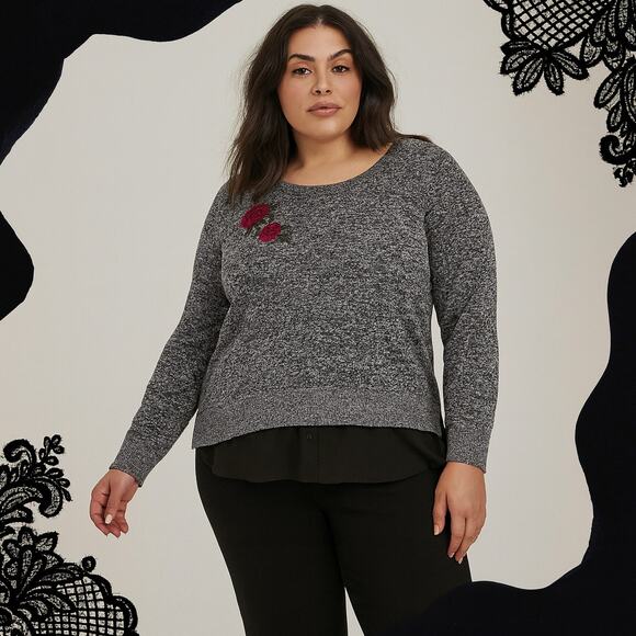 Torrid Marled Sweater Chiffon Underlay Womens Sz 2X Embroidery Fall Whimsigoth - Picture 1 of 10